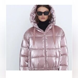 Zara Pink Metallic Shine Hooded Puffer Jacket Medium